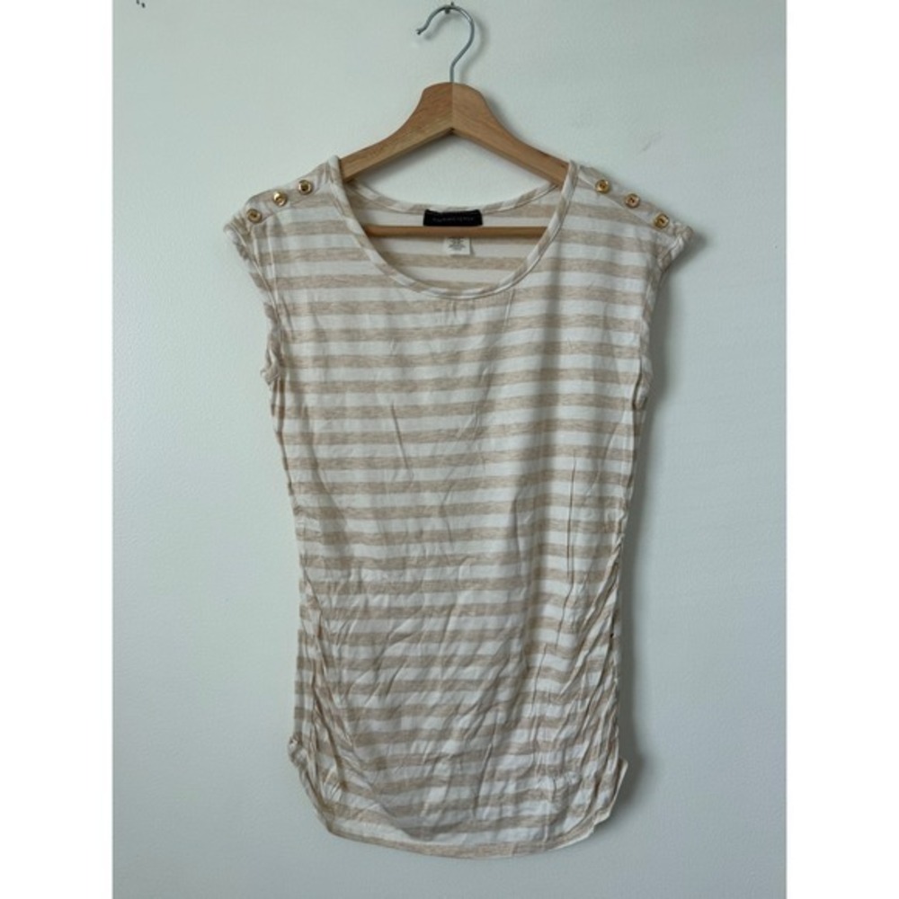 American City Wear Women's Tan and White Striped Short Sleeve‎ Top – Size medium